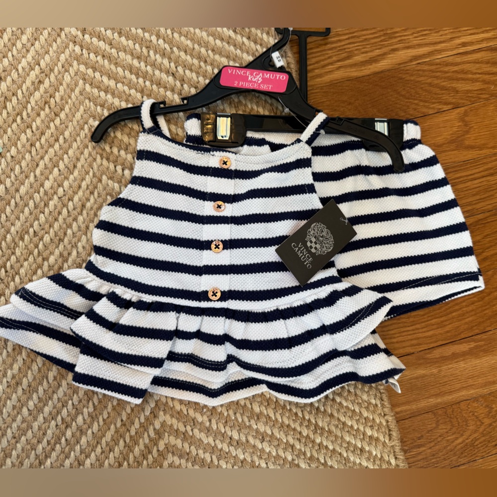 Vince Camuto Navy and White Striped Knit Top with Button Accents